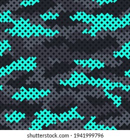 Cuadrícula de camuflaje sin fisuras. Resumen de textura de camo sin fin moderna con rejilla cuadrada de azulejos. Fondo militar digital para tela y plantilla de impresión de moda. Ilustración vectorial.