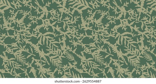 Camouflage hand drawn seamless pattern. Botanical textile, wrapping paper. Plant leaves background, camo with twig. Khaki green grunge drawing texture. Vector wallpaper