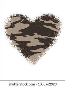 camouflage heart. t shirt print. spray stains edge.