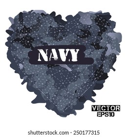 Camouflage Heart with text "Navy". Abstract background vector illustration.