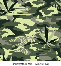 Camuflaje con hojas de cáñamo y garabatos. Patrón sin foco. Imagen vectorial plana.