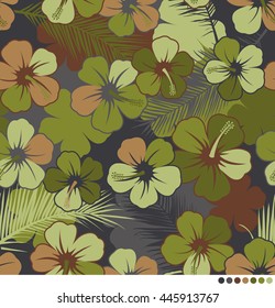 Camouflage hibiscus and palm leaf pattern vector background
