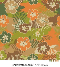 Camouflage hibiscus and palm leaf pattern background