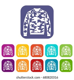 Camouflage jacket icons set vector illustration in flat style in colors red, blue, green, and other