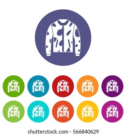 Camouflage jacket set icons in different colors isolated on white background