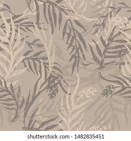 Camouflage with leafs and twigs, seamless hand drawn pattern. Tropical camo texture with botanical motif. Grunge brush painted floral background. Vector wallpaper