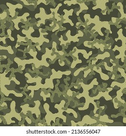 Camouflage Leaves Brown Seamless Digital Graphic Backdrop. Olive Seamless Camo Graphic Wrapping. Beige Camouflage Seamless Pattern. Desert Repeated Fashion Vector Art. Green