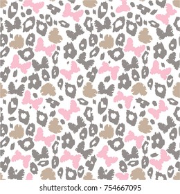 Camouflage, leopard color, bows, hearts. Seamless pattern, vector illustration.
