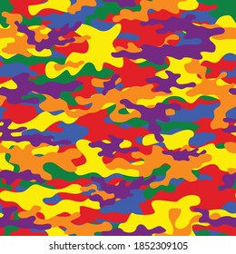 Camouflage lgbt seamless pattern for printing clothes, fabrics, paper. Vector illustration. Blue, green, red, yellow, orange, purple colors.