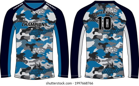 Camouflage Long sleeve Racing t shirt, Sports jersey design concept vector template, abstract pattern Motocross jersey concept with front and back view , Cricket, football, Volleyball uniform designs