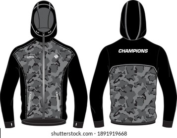 Camouflage Long sleeve sports Hoodie jacket design template in vector, Hooded jacket with front and back view, Bomber winter jacket for Men and women. for training, Running and workout in winter.