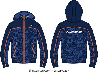 Camouflage Long sleeve sports Hoodie jacket design template in vector, Hooded jacket with front and back view, Bomber winter jacket for Men and women. for training, Running and workout in winter.