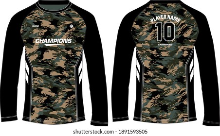camouflage long sleeve t shirt, Sports  jersey design concept vector template, sports jersey concept with front and back view for Motocross jersey, Cricket, Football, Volleyball, Rugby uniform designs