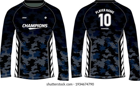 camouflage long sleeve t shirt, Sports jersey design concept vector template, sports jersey concept with front and back view for Motocross jersey, Cricket, Football, Volleyball uniform designs