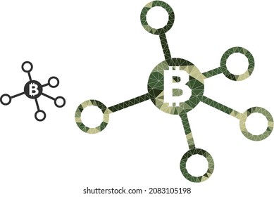 Icono de nodos de bitcoin de bajo polietileno de camuflaje. Pictograma de nódulos de bitcoína de bajo nivel construido a partir de partes caóticas del triángulo de color caqui.