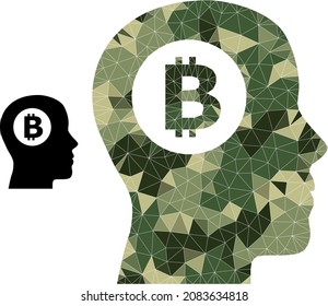 Camouflage Low-Poly-Collage Bitcoin Denksymbol. Ikone mit Low-Poly-Bitcoin-Denken, entworfen aus willkürlichen Tarnkappenteilen, mit Dreieckteilen gefüllten Teilen.