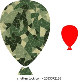 Camouflage low-poly collage celebration balloon icon. Lowpoly celebration balloon icon is designed from random camouflage filled triangles. Vector celebration balloon icon in camouflage army style.