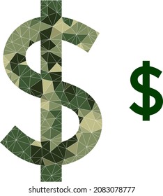 Camouflage lowpoly collage dollar icon. Lowpoly dollar icon constructed from randomized camouflage color triangles. Vector dollar icon created in camouflage military style.