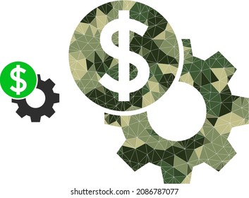 Icono de precio de la ingeniería de collage de bajo polígono de camuflaje. El pictograma de bajo precio de ingeniería de polos se combina con partes triangulares de color de camuflaje dispersas.
