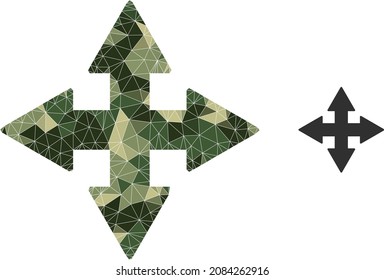 Camouflage lowpoly collage expand arrows icon. Lowpoly expand arrows icon constructed with random khaki filled triangle parts. Vector expand arrows icon designed in camouflage army style.