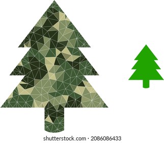 Camouflage lowpoly collage fir tree icon. Lowpoly fir tree pictogram is designed with chaotic camouflage color triangle parts. Vector fir tree pictogram in khaki army style.