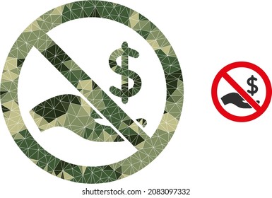 Camuflaje de collage de bajo contenido de pólvora prohíbe el icono de pago en dólares. Icono de pago en dólares bajo y prohibido diseñado con triángulos de color caqui aleatorio.