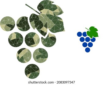 Icono de racimo de uva de camuflaje de bajo polilla. Pictograma de racimo de uva de baja polilla diseñado para partes triangulares de color de camuflaje aleatorio. Icono del grupo de uvas vectoras al estilo militar de camuflaje.