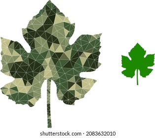 Camouflage low-poly collage grape leaf icon. Low-poly grape leaf icon is constructed from randomized camo color triangles. Vector grape leaf icon designed in camouflage army style.