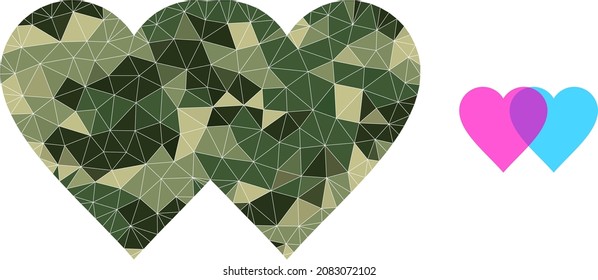 Camouflage low-poly collage lovely hearts icon. Low-poly lovely hearts pictogram is constructed of chaotic camouflage filled triangle parts. Vector lovely hearts icon created in camo army style.