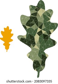Icono de la hoja de roble de bajo polietileno de camuflaje. Icono de hoja de roble de baja polilla diseñado a partir de piezas triangulares de color caótico camuflado. Icono de la hoja de roble vectorial en estilo de ejército de camuflaje.