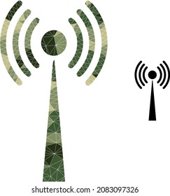 Camouflage lowpoly collage radio tower icon. Lowpoly radio tower icon combined with scattered camouflage filled triangles. Vector radio tower icon in camouflage army style.