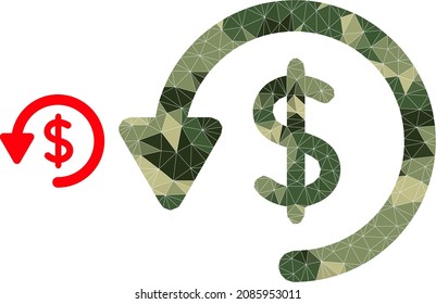 Camouflage low-poly collage refund icon. Low-poly refund pictogram is designed of scattered khaki filled triangle parts. Vector refund icon created in camouflage military style.