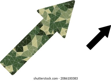 Camouflage low-poly collage right up arrow icon. Low-poly right up arrow pictogram designed of randomized khaki filled triangles. Vector right up arrow icon designed in camo army style.