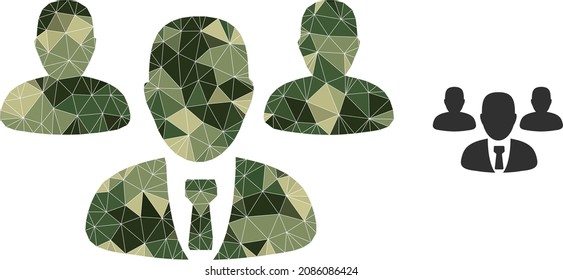 Camouflage lowpoly collage team staff icon. Lowpoly team staff icon combined with random khaki filled triangles. Vector team staff icon designed in khaki military style.