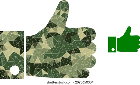 Camouflage low-poly collage thumb up icon. Low-poly thumb up pictogram is designed of scattered camo color triangles. Vector thumb up pictogram in camo army style.