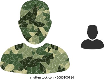 Icono de usuario de collage de bajo perfil de camuflaje. Icono de usuario flojo combinado con piezas triangulares de color caótico camuflado. Icono de usuario vector creado al estilo de ejército de camo.
