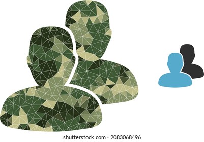 Camouflage Low-Poly-Collage Benutzer Symbol. Low-Poly-Benutzer-Symbol mit verstreuten Camo-Farbdreiecken. Vektorbenutzer-Symbol im militärischen Stil von Camo.
