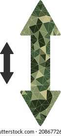 Camouflage low-poly collage vertical exchange arrow icon. Low-poly vertical exchange arrow pictogram constructed of randomized camouflage color triangle parts.