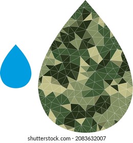 Camouflage Low-Poly-Collage Wasser Dropsymbol. Das Low-Poly-Wassertropfen-Icon ist aus verstreuten, mit Kamo gefüllten Dreieckteilen entworfen. Vektorsymbol für Wassertropfen, das im tarnen Armeestil entworfen wurde.
