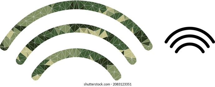 Camouflage lowpoly collage wi-fi waves icon. Lowpoly wi-fi waves icon combined from chaotic camouflage colored triangles. Vector wi-fi waves icon in camouflage army style.