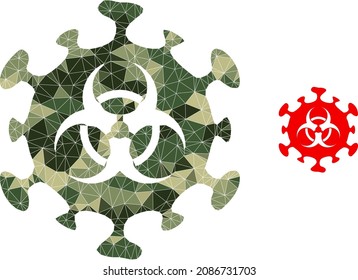Camouflage low-poly mosaic biohazard coronavirus icon. Low-poly biohazard coronavirus icon designed from random camouflage colored triangles.