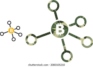 Camouflage low-poly mosaic bitcoin node links icon. Low-poly bitcoin node links icon constructed with scattered camouflage color triangles. Vector bitcoin node links pictogram in khaki army style.