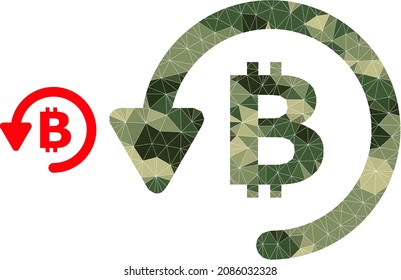 Camouflage low-poly mosaic bitcoin refund icon. Low-poly bitcoin refund pictogram combined with scattered camo color triangles. Vector bitcoin refund pictogram designed in camo army style.