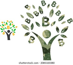Camouflage low-poly mosaic bitcoin tree man icon. Low-poly bitcoin tree man icon constructed from random khaki color triangle parts. Vector bitcoin tree man icon created in camo military style.