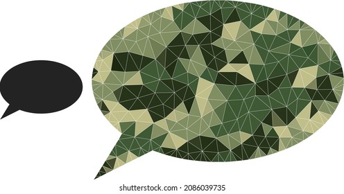 Icono de la nube de chat de mosaico de bajo polilla de camuflaje. Icono de nube de chat de baja polilla diseñado de piezas de triángulo de color caótico de camuflaje. Icono de nube de chat vectorial creado al estilo militar de camuflaje.