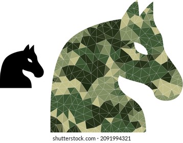 Camouflage low-poly mosaic chess horse icon. Low-poly chess horse pictogram constructed from scattered camo color triangle parts.