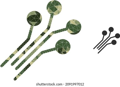 Camouflage lowpoly mosaic circuit connectors icon. Lowpoly circuit connectors icon designed of randomized camouflage filled triangle parts.