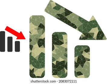 Icono de gráfico de barra de tendencia descendente de mosaico de bajo polilla de camuflaje. Pictograma de la barra de tendencia baja de polos construido con partes triangulares de color camo aleatorizadas.