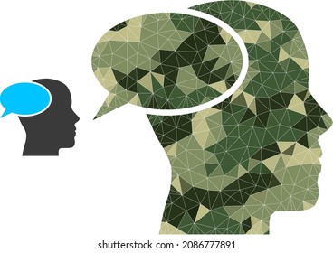 Camouflage lowpoly mosaic dream cloud icon. Lowpoly dream cloud icon is combined from chaotic camouflage color triangle parts. Vector dream cloud pictogram designed in camouflage army style.