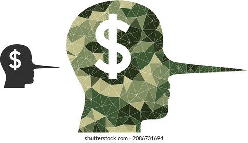 Camouflage low-poly mosaic financial liar icon. Low-poly financial liar icon combined with scattered camouflage color triangles. Vector financial liar icon in camouflage army style. svg